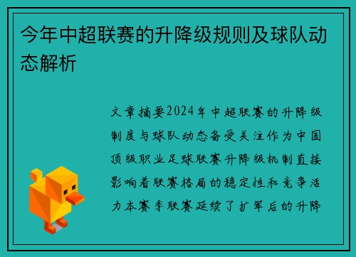 今年中超联赛的升降级规则及球队动态解析