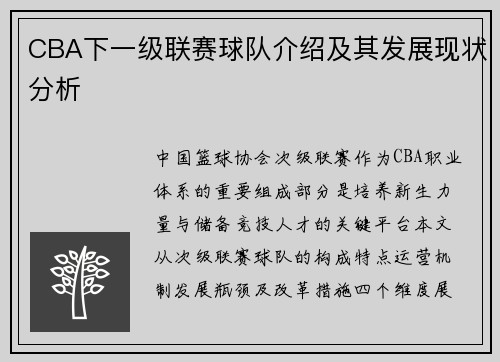 CBA下一级联赛球队介绍及其发展现状分析