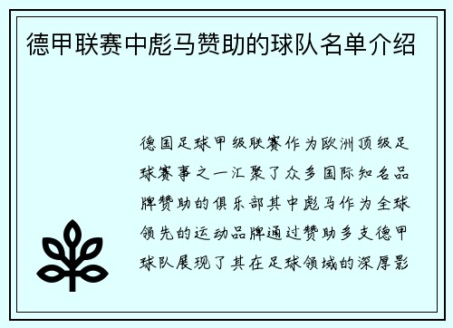 德甲联赛中彪马赞助的球队名单介绍